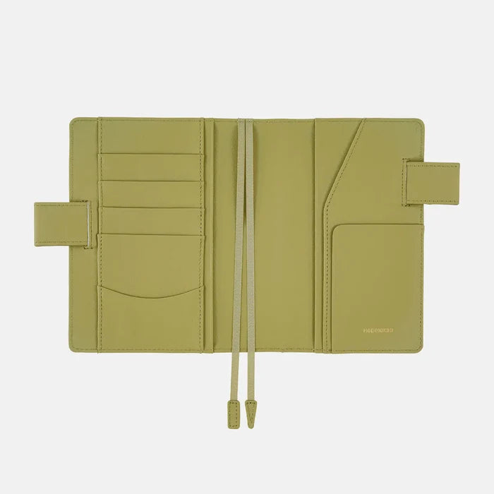 Hobonichi 2026 A6 Planner Cover: Leather - Sage Green, shown with its details.