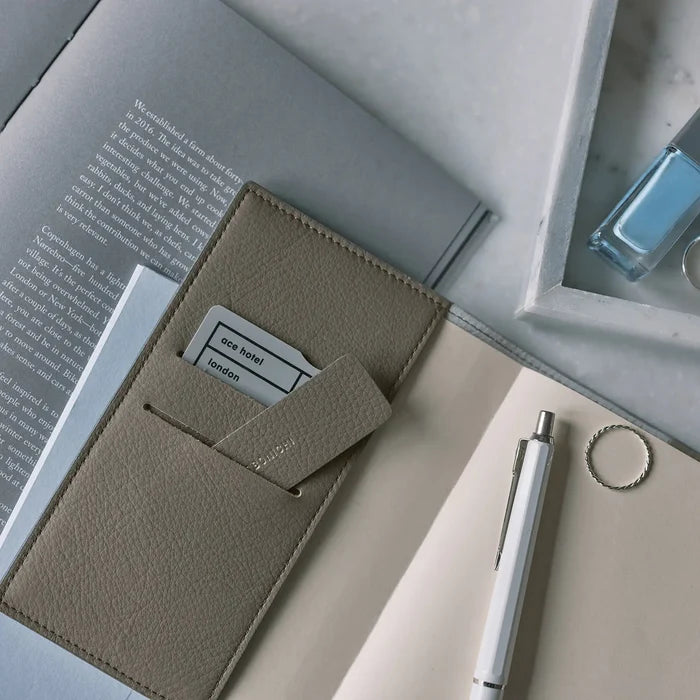 Hobonichi 2026 A6 Planner Cover: Leather - Taut (Gray & Light Blue), alternate angle.