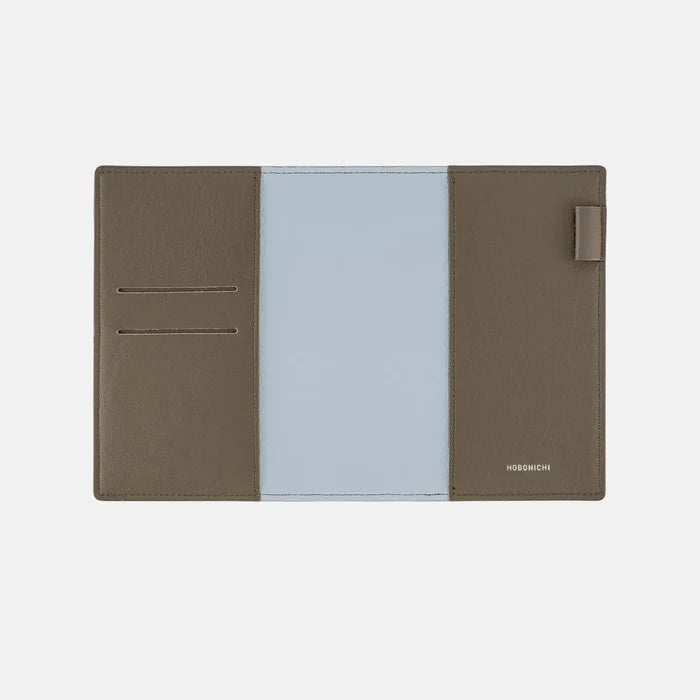Hobonichi 2026 A6 Planner Cover: Leather - Taut (Gray & Light Blue), shown with its details.