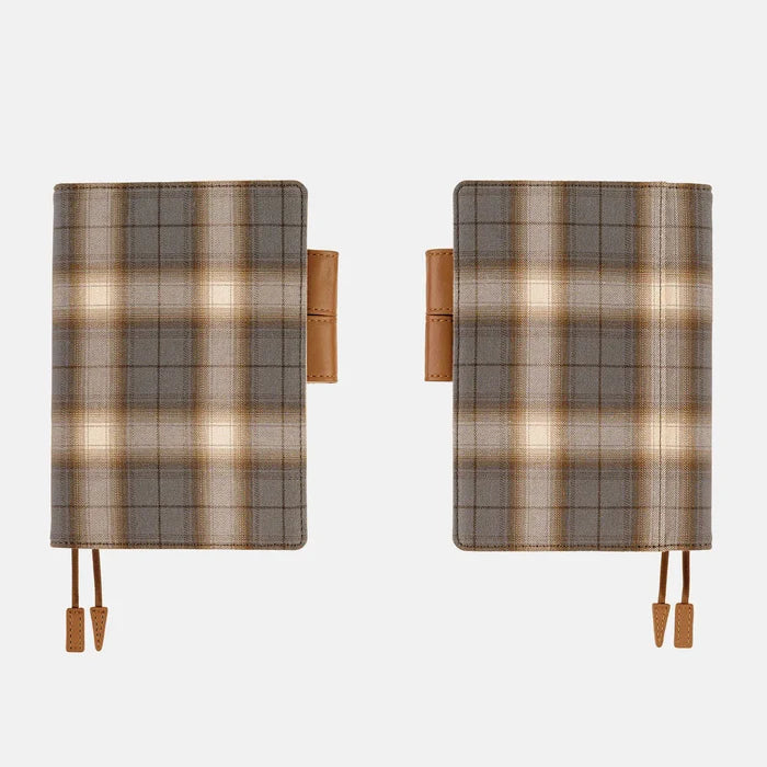 Hobonichi 2026 A6 Planner Cover: Shirt Fabric - Foggy Plaid, shown from the front.