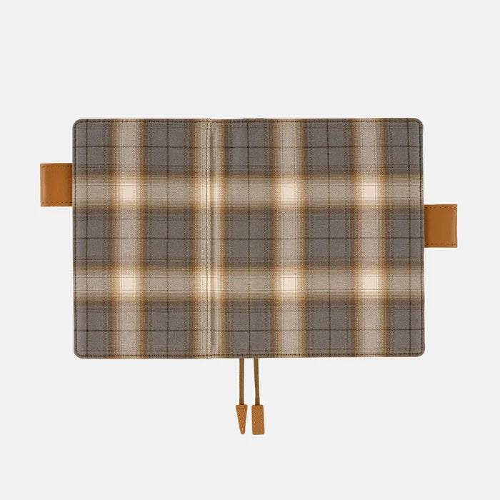 Hobonichi 2026 A6 Planner Cover: Shirt Fabric - Foggy Plaid, shown from another angle.