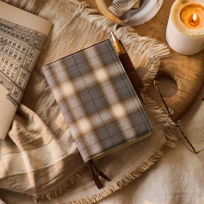 Hobonichi 2026 A6 Planner Cover: Shirt Fabric - Foggy Plaid, detail view of the design.