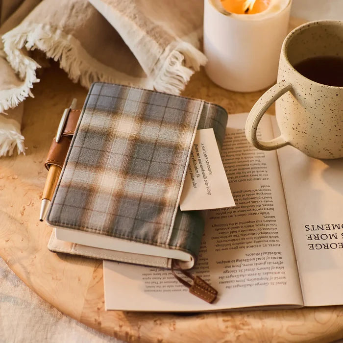 Hobonichi 2026 A6 Planner Cover: Shirt Fabric - Foggy Plaid, alternate angle.