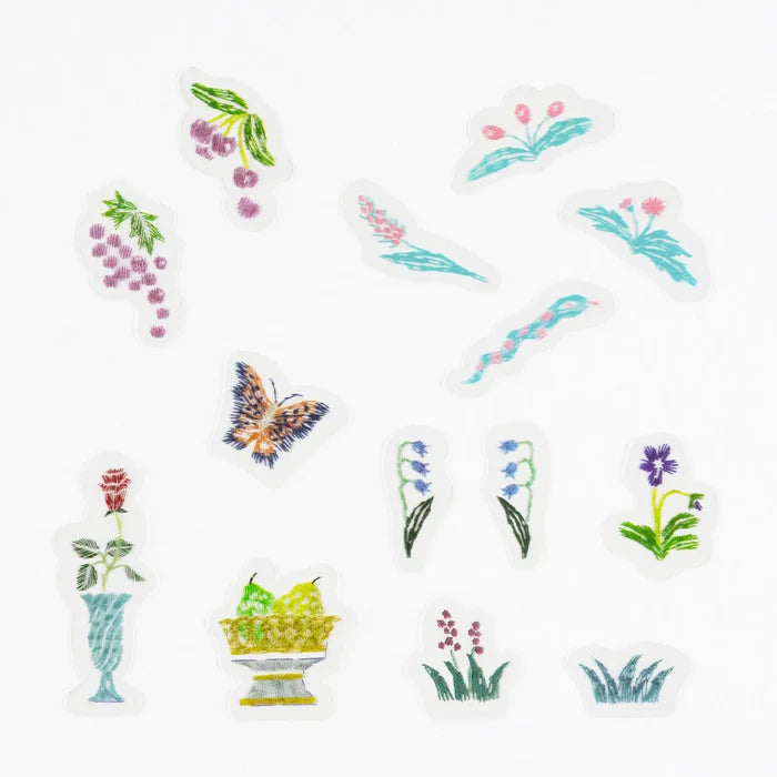 Hobonichi 2026 Accessories: iyo okumi - Transparent Embroidery Sticker Set - My Garden, detail view of the design.