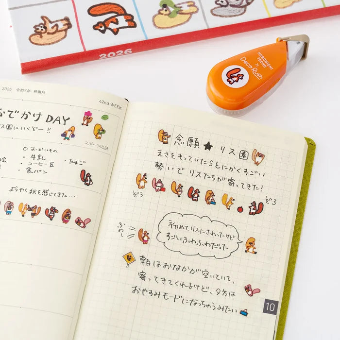 Hobonichi 2026 Accessories: Plus x Hobonichi Deco Rush - Squirrel Squadron by 100%ORANGE, shown from another angle.