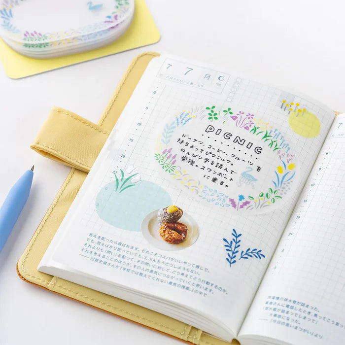 Hobonichi 2026 Accessories: Yuri Sanae - See-Through Sticky Notes (Forest Lake), detail view of the design.