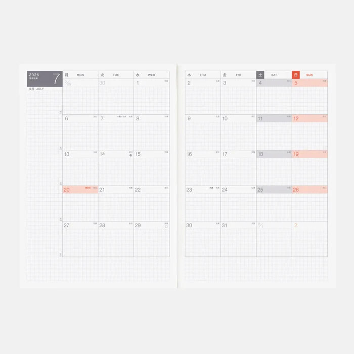Hobonichi 2026 Japanese Day-Free Book – A5/Jan Start/Mon Start, shown from another angle.