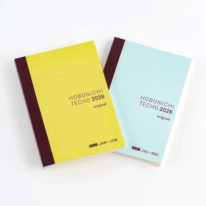 Hobonichi 2026 Japanese Original Avec Books – A6/Jan Start/Mon Start/6-Month x 2, shown from the front.