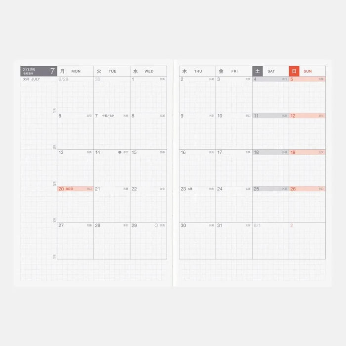 Hobonichi 2026 Japanese Original Avec Books – A6/Jan Start/Mon Start/6-Month x 2, shown from another angle.