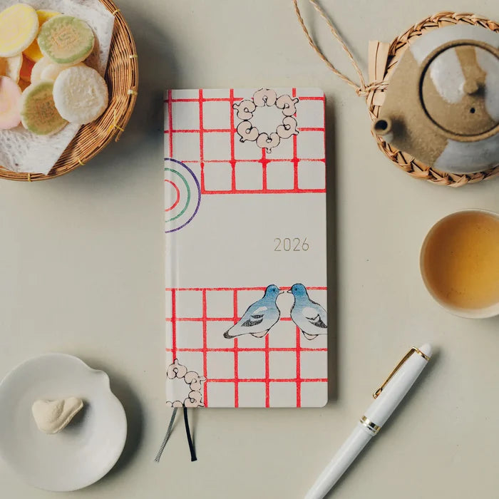 Hobonichi 2026 Spring WEEKS: Unsodo: Bijutsukai (Blue Pigeons) – Japanese/Tall & Slim/Apr Start, shown from the front.