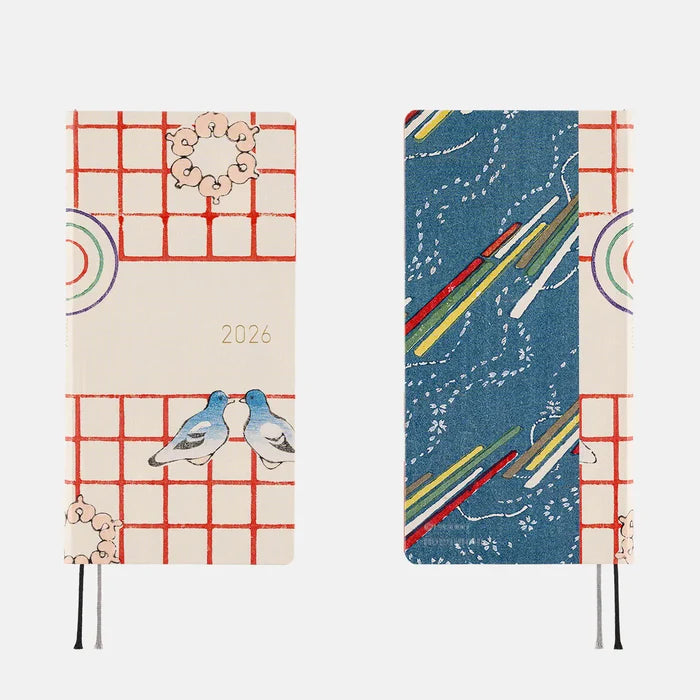 Hobonichi 2026 Spring WEEKS: Unsodo: Bijutsukai (Blue Pigeons) – Japanese/Tall & Slim/Apr Start, close-up view.