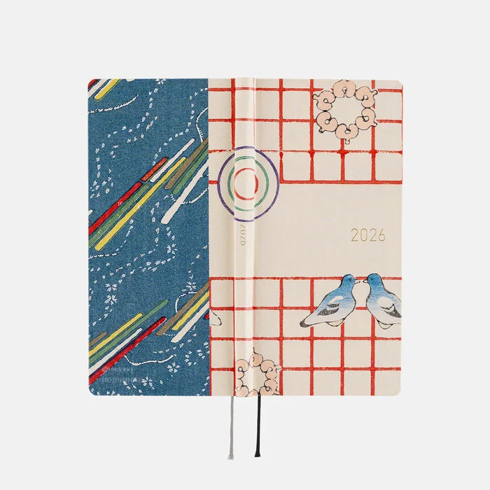 Hobonichi 2026 Spring WEEKS: Unsodo: Bijutsukai (Blue Pigeons) – Japanese/Tall & Slim/Apr Start, alternate angle.