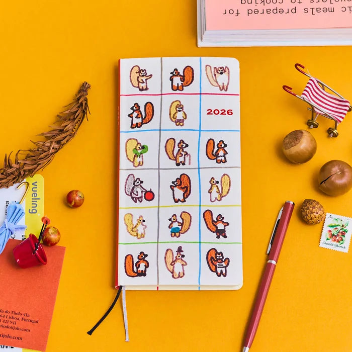 Hobonichi 2026 Weeks: 100%ORANGE - Squirrel’s Moving Day, detail view of the design.