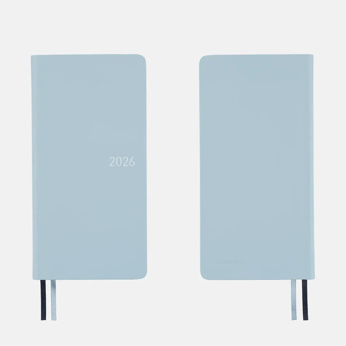 Hobonichi 2026 Weeks: Leather - Snow Blue, shown from the front.