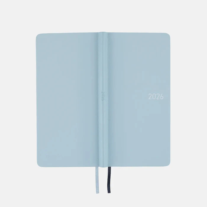 Hobonichi 2026 Weeks: Leather - Snow Blue, shown from another angle.