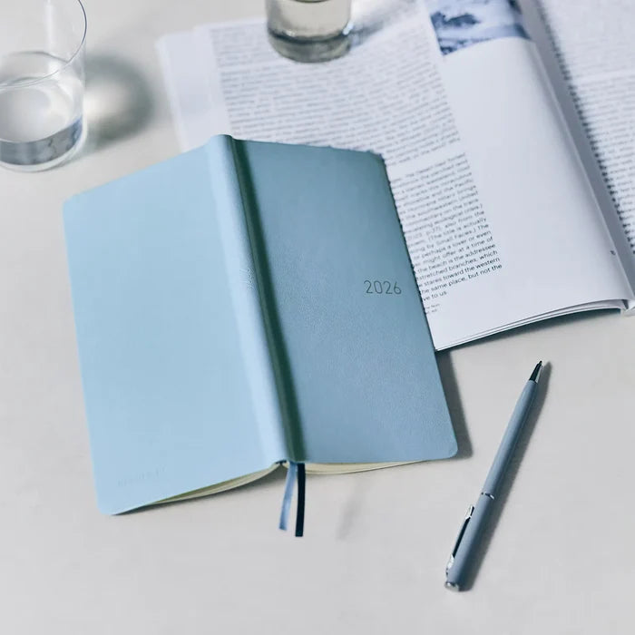 Hobonichi 2026 Weeks: Leather - Snow Blue, shown in full.