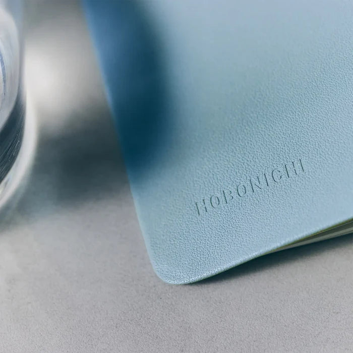 Hobonichi 2026 Weeks: Leather - Snow Blue, alternate angle.
