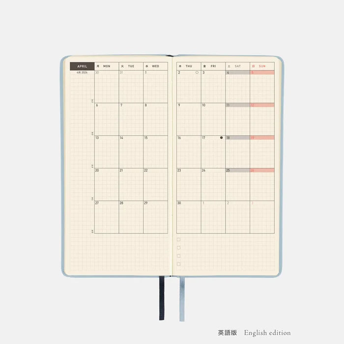 Hobonichi 2026 Weeks: Leather - Snow Blue, shown with its details.