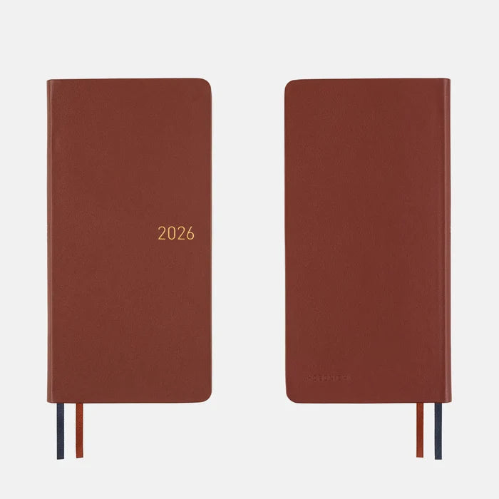 Hobonichi 2026 Weeks: Leather - Wine Brown, shown from the front.