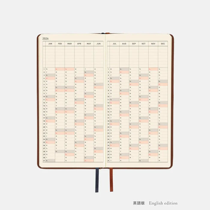 Hobonichi 2026 Weeks: Leather - Wine Brown, shown with its details.
