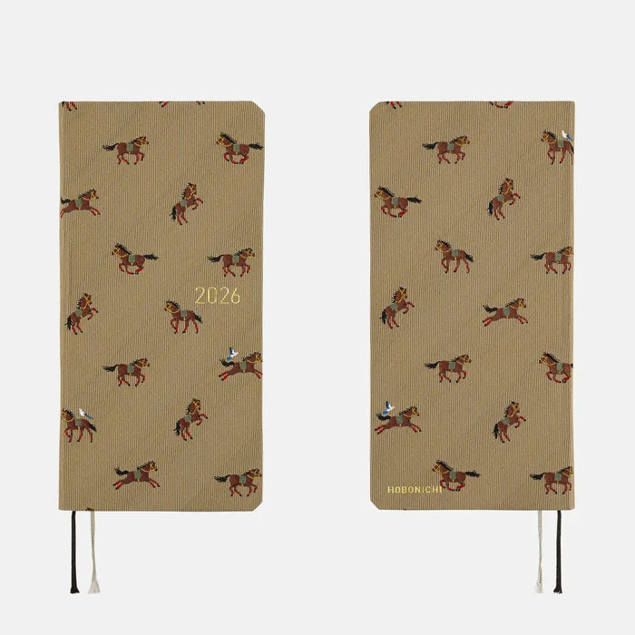 Hobonichi 2026 Weeks Mega: Bow & Tie - Galloping Horses, shown from the front.