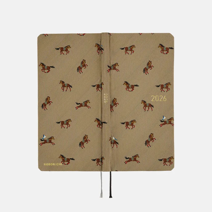 Hobonichi 2026 Weeks Mega: Bow & Tie - Galloping Horses, shown from another angle.