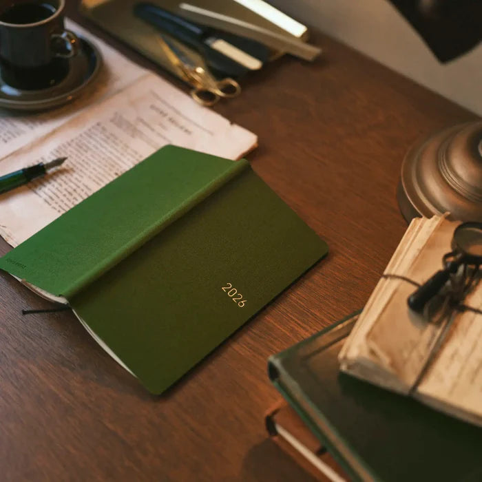 Hobonichi 2026 Weeks Mega: Colors - Antique Green, shown in full.
