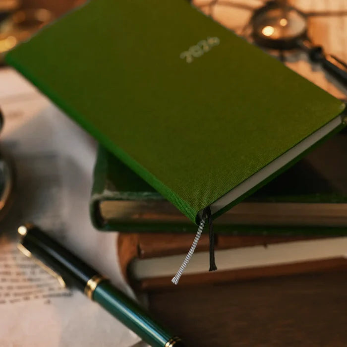 Hobonichi 2026 Weeks Mega: Colors - Antique Green, close-up view.