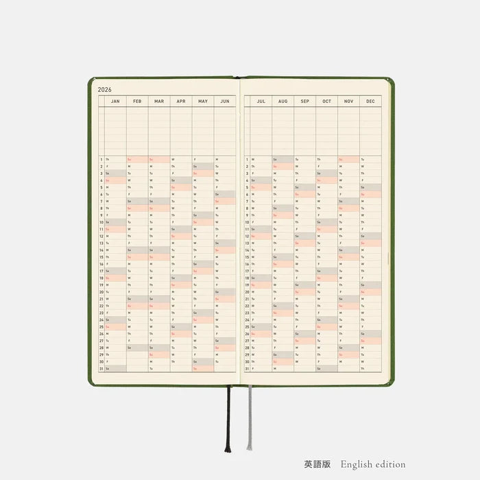 Hobonichi 2026 Weeks Mega: Colors - Antique Green, front view.