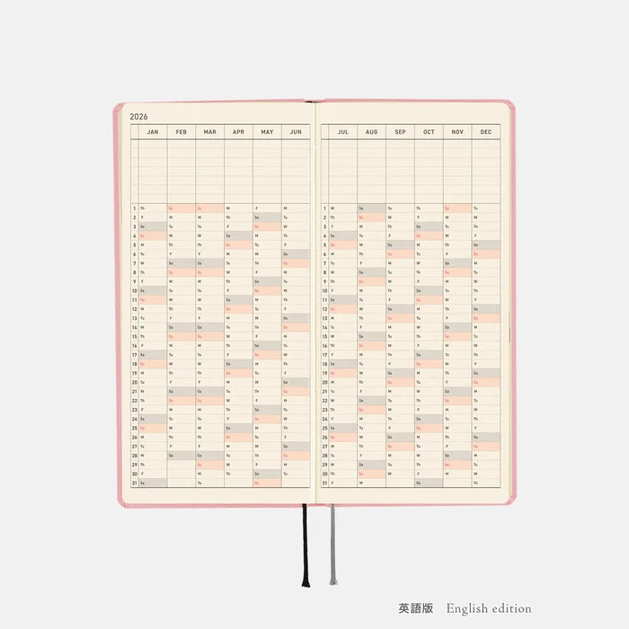 Hobonichi 2026 Weeks Mega: Colors - Strawberry Milk, alternate angle.