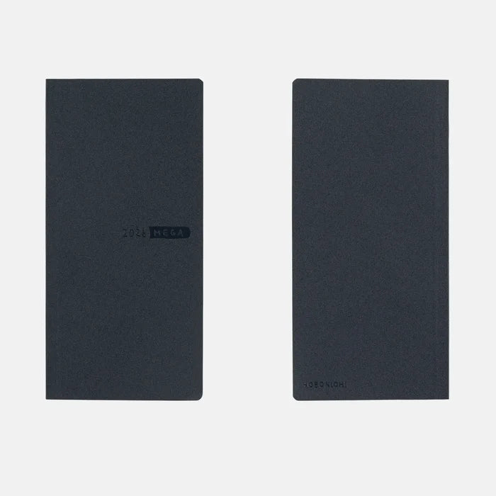 Hobonichi 2026 Weeks Mega: Sneaker - Indigo Black, shown from the front.