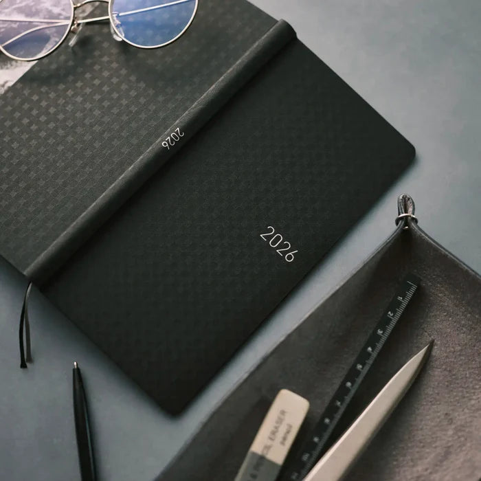 Hobonichi 2026 Weeks: Paper Series - Black Gingham, shown in full.