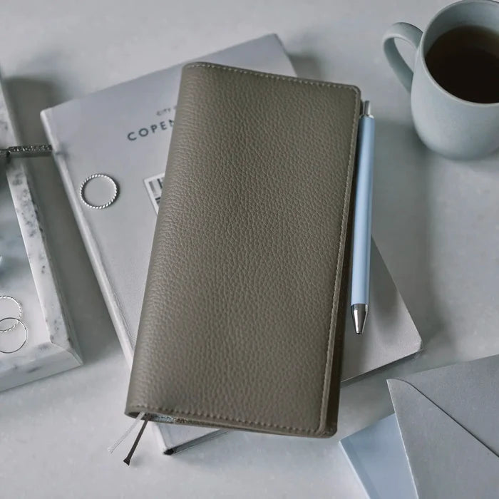 Hobonichi 2026 Weeks Planner Cover: Leather - Taut (Gray & Light Blue), detail view of the design.