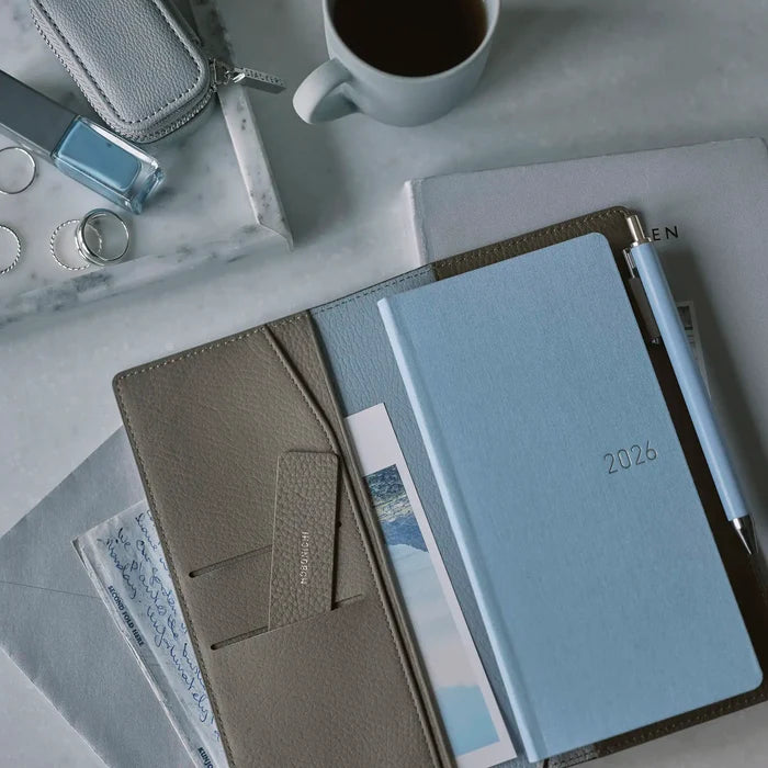 Hobonichi 2026 Weeks Planner Cover: Leather - Taut (Gray & Light Blue), shown in full.