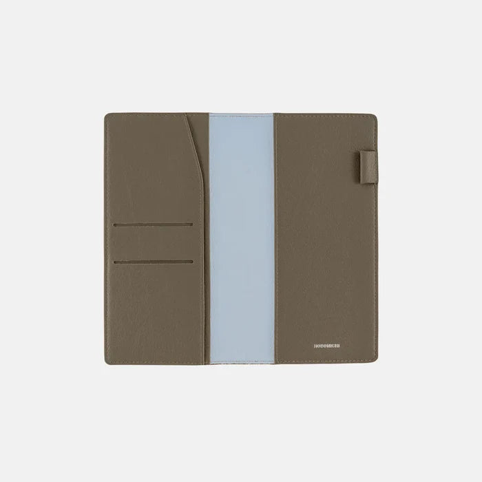 Hobonichi 2026 Weeks Planner Cover: Leather - Taut (Gray & Light Blue), shown with its details.