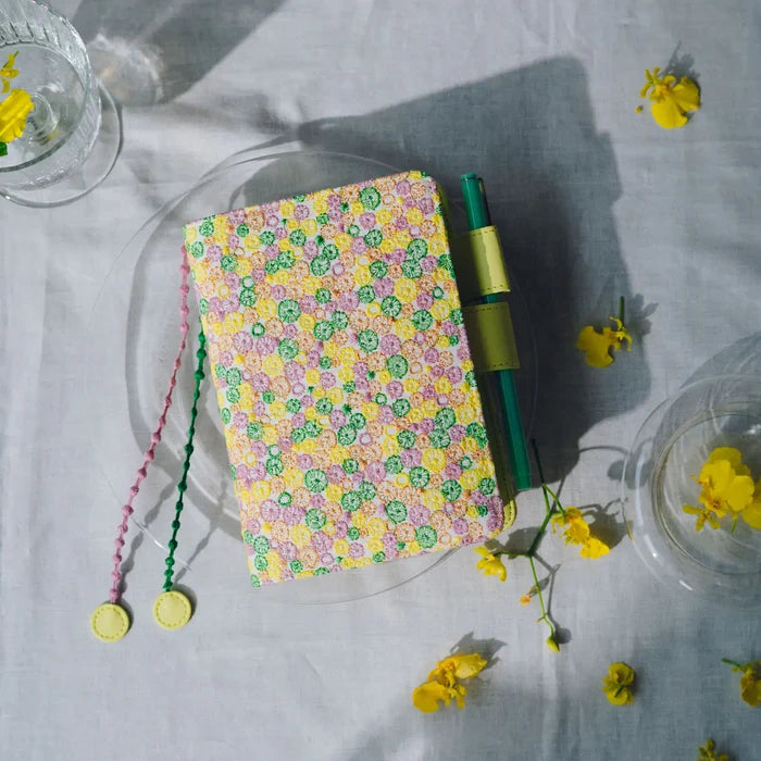 Hobonichi 2026 Weeks Planner Cover: minä perhonen - skyful (Yellow), detail view of the design.