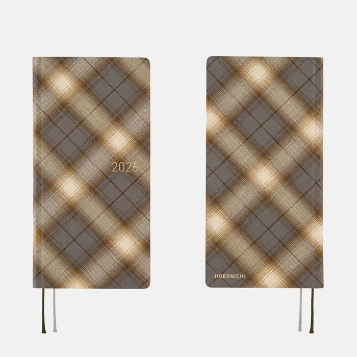 Hobonichi 2026 Weeks: Shirt Fabric - Foggy Plaid, shown from the front.
