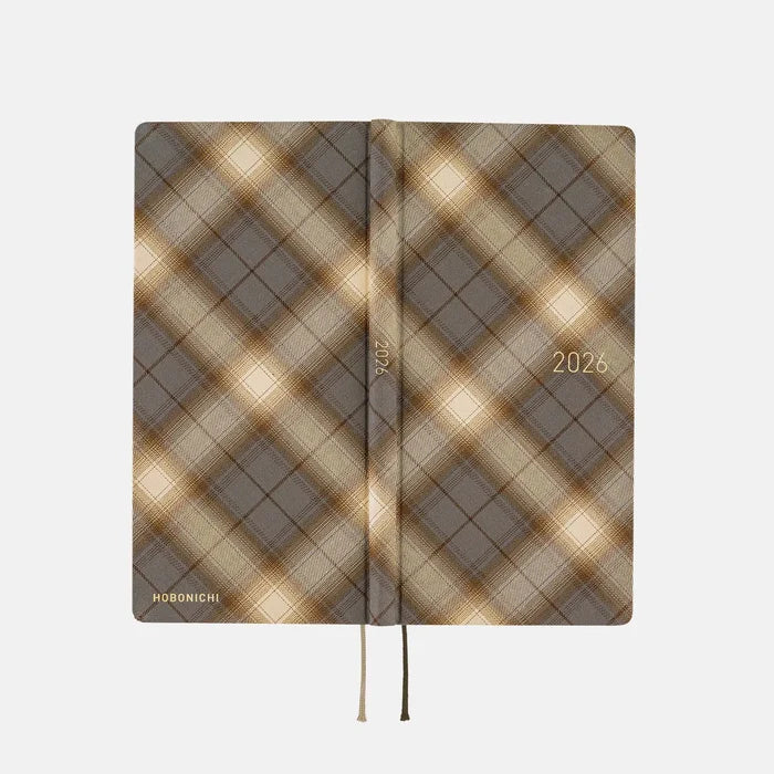 Hobonichi 2026 Weeks: Shirt Fabric - Foggy Plaid, shown from another angle.