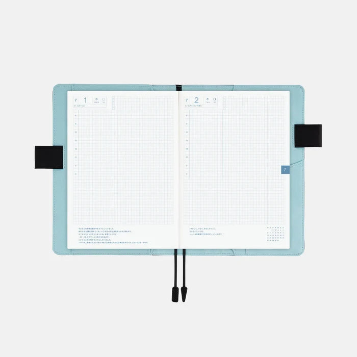 Hobonichi 2026 A5 Cousin Cover: Colors - Black x Clear Blue, shown with its details.