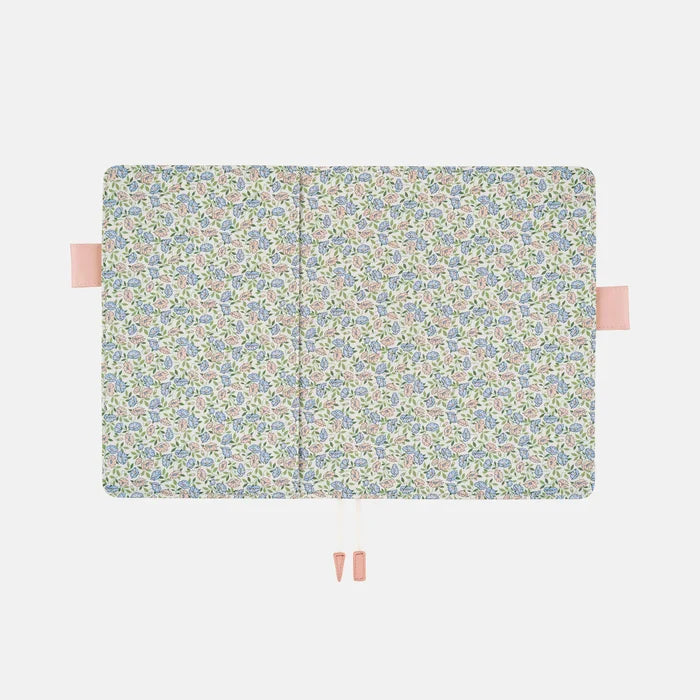 Hobonichi 2026 A5 Cousin Cover: Liberty Fabrics - Sasha Kiora, shown from another angle.