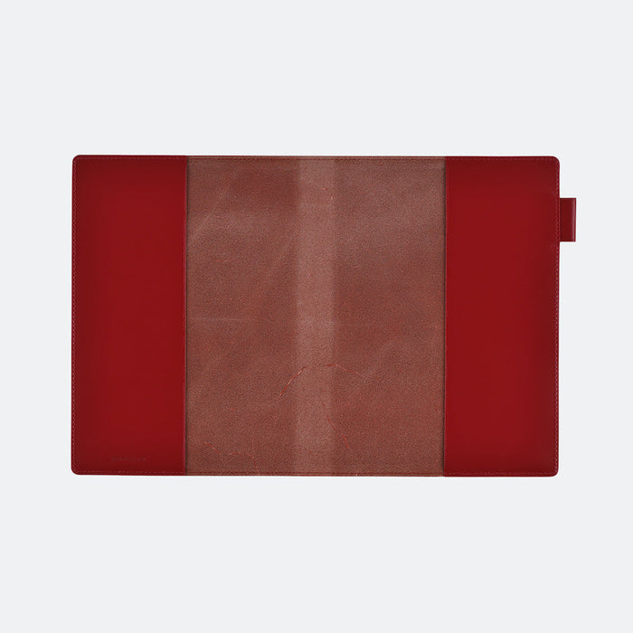 Hobonichi A5 Large 5-Year Techo Leather Cover (Red), close-up view.
