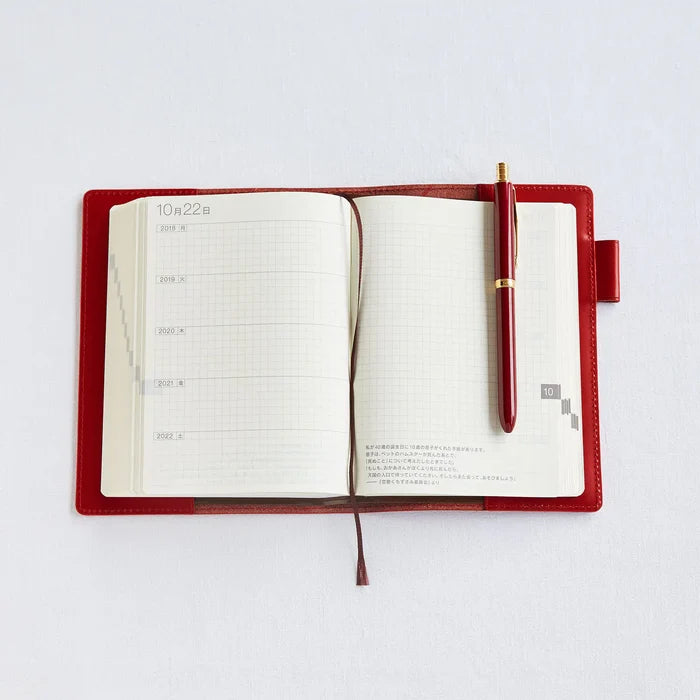 Hobonichi A6 5-Year Techo Leather Cover – Red, shown from another angle.