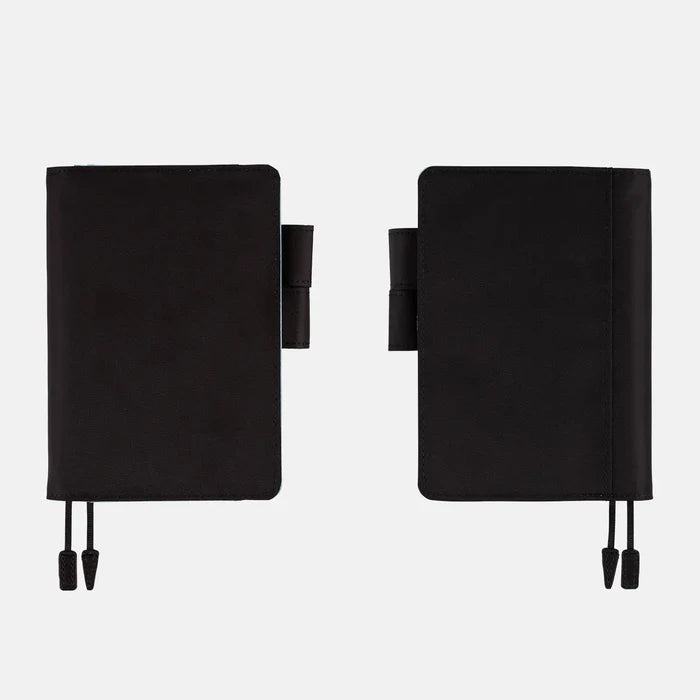 Hobonichi 2026 A6 Planner Cover: Colors - Black x Clear Blue, shown from the front.