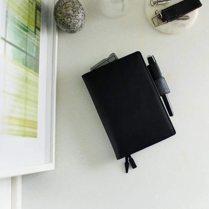 Hobonichi 2026 A6 Planner Cover: Leather - TS Basic - Black, detail view of the design.