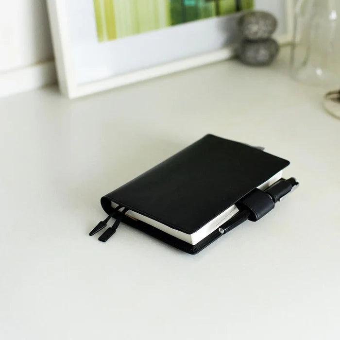 Hobonichi 2026 A6 Planner Cover: Leather - TS Basic - Black, shown in full.