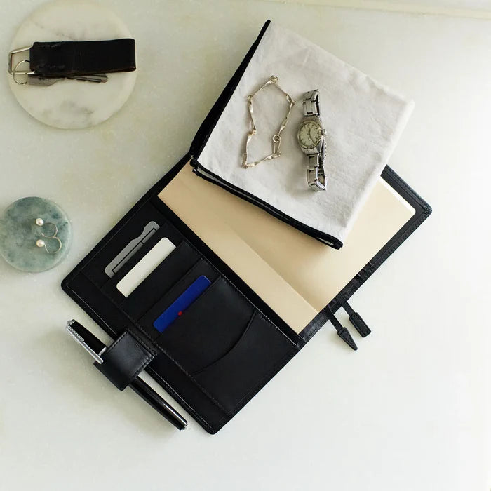 Hobonichi 2026 A6 Planner Cover: Leather - TS Basic - Black, close-up view.