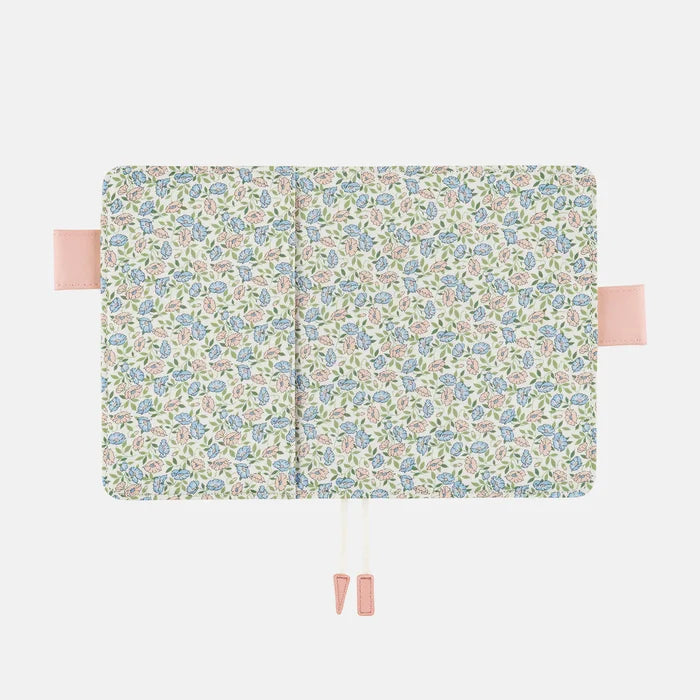 Hobonichi 2026 A6 Planner Cover: Liberty Fabrics - Sasha Kiora, shown from another angle.