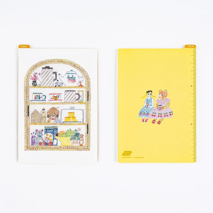 Hobonichi 2026 Accessories: iyo okumi - Hobonichi Pencil Board for A5 Size (Happy Tea Time - Taste Good), detail view of the design.