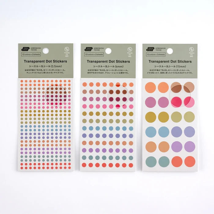 Hobonichi 2026 Accessories: TSUKI no IRO - Transparent Dot Stickers (6mm), shown from another angle.