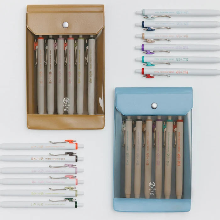 Hobonichi 2026 Accessories: TSUKI no IRO: Uniball One Set of 6 with Case, shown from the front.